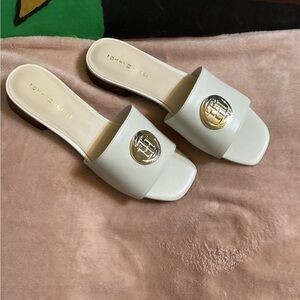 Tommy Hilfiger Cream Slide Sandals with Gold Accent